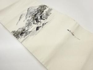 作家物　上代紬金彩手描き山並に木々風景模様織出し名古屋帯